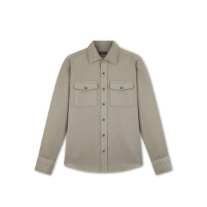 Pánské Košile Tom Ford Linen Bavlněné Military Fit Šedé Hnědé | 962534-APD