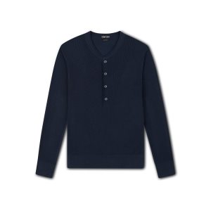 Pánské Košile Tom Ford Silk Bavlněné Rib Henley Tmavě Blankyt | 548173-OEN