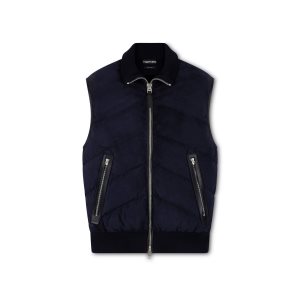 Pánské Svrchní Oblečení Tom Ford Semišové Down Front Merino Zip Gilet Tmavě Blankyt | 362914-RNL