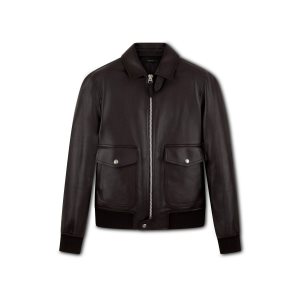 Pánské Svrchní Oblečení Tom Ford Soft Grain Læder Collar Blouson Tmavě Hnědé | 418309-ZGR