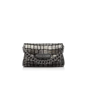 Dámské Kabelky Přes Rameno Tom Ford Metallic Printed Læder Label Mini Chain Stříbrné Černé | 092386-GLV