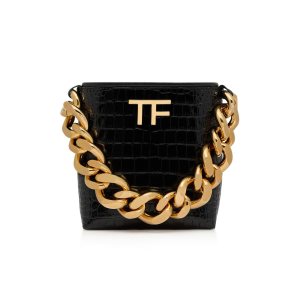 Dámské Kabelky Přes Rameno Tom Ford Shiny Stamped Crocodile Læder Tf Maxi Chain Mini Černé | 230954-EVR