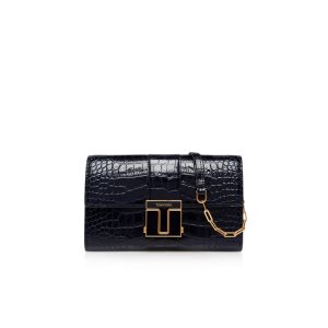 Dámské Malé Peněženky Tom Ford Shiny Stamped Crocodile Læder 001 Chain Wallet Ink | 807512-HCK