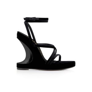 Dámské Sandály Tom Ford Velvet Wavy Klínku Ankle Wrap Černé | 683705-AXV
