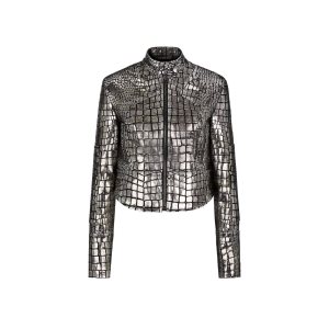 Dámské Svrchní Oblečení Tom Ford Metallic Printed Croc Læder Cyklistické Jacket Stříbrné | 746390-GVN