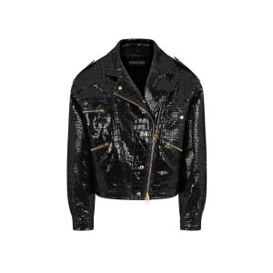 Dámské Svrchní Oblečení Tom Ford Printed Croc Læder Cyklistické Jacket Černé | 736109-ULX