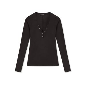 Dámské Topy Tom Ford Silk Vlna Jersey Henley Černé | 094283-FRA